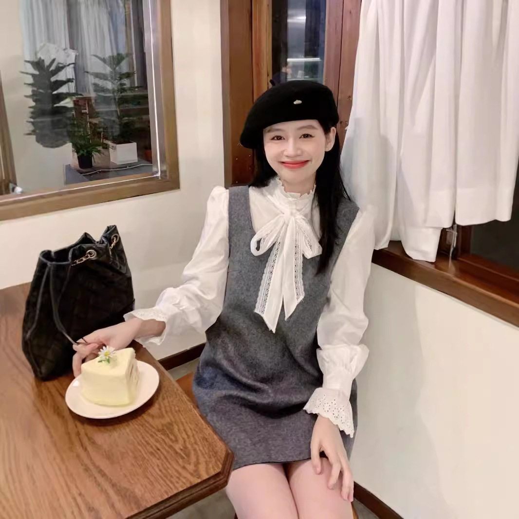 韩系秋季无袖背带裙衬衫两件套