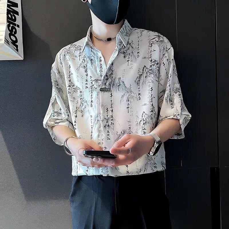 夏季水墨书法痞帅男士短袖衬衫