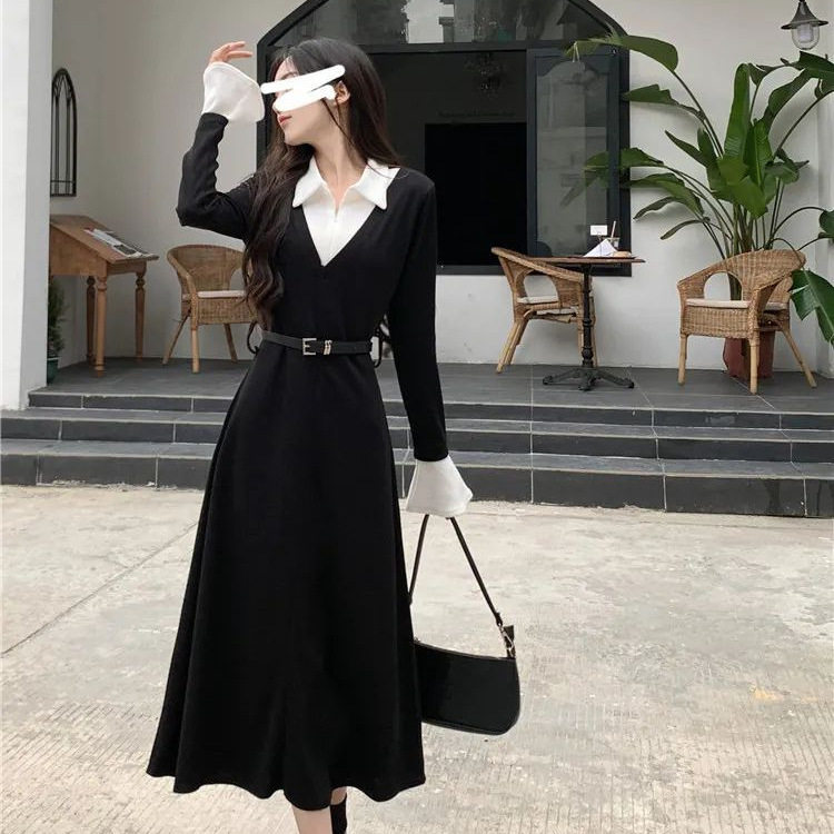 黑色假两件针织连衣裙女春季