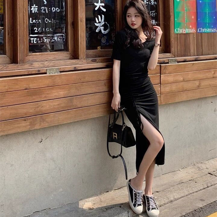 夏新款性感抽绳开叉包臀连衣裙