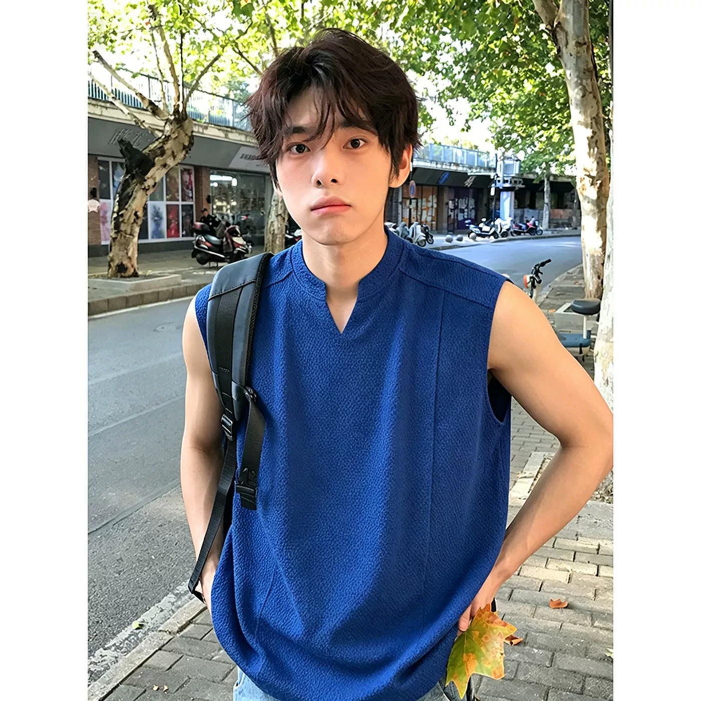 蓝色龙鳞纹透气背心男款夏季解构拼接v领无袖t恤健身训练运动坎肩