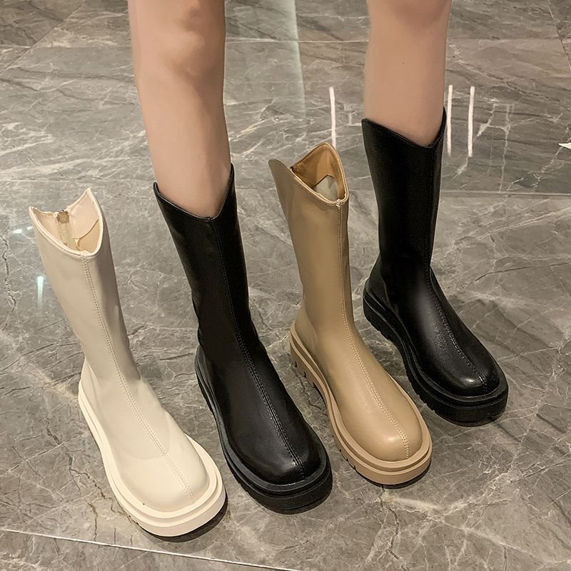 秋冬保暖防滑后拉链中筒马丁靴女