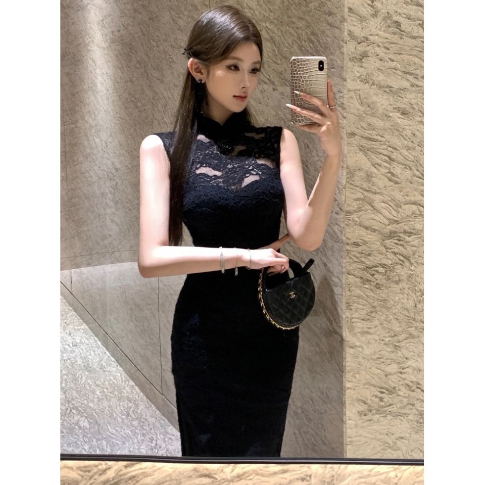 新中式改良蕾丝无袖显瘦旗袍长裙