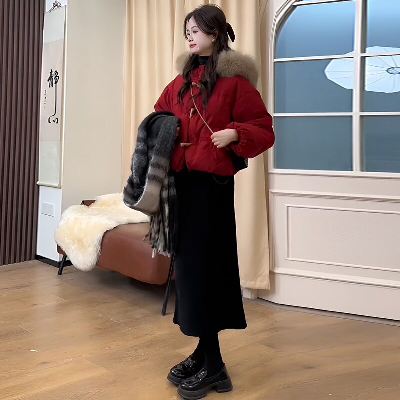 新年红大毛领短款棉服小个子