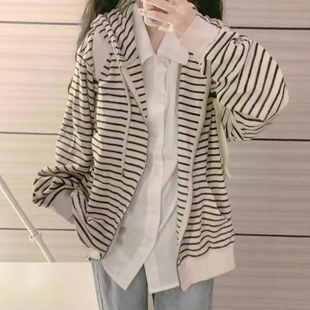 港风条纹连帽拉链卫衣女春秋薄款