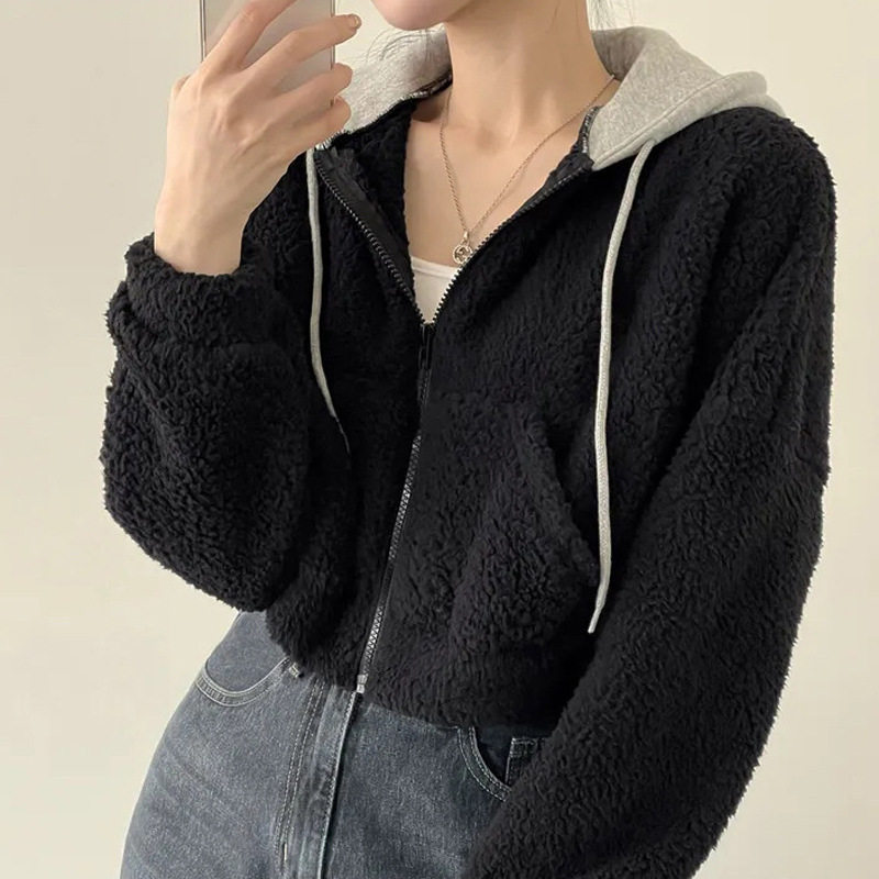 秋冬韩版连帽加厚羊羔毛短外套女