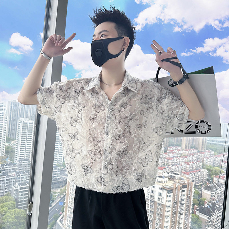 蝴蝶印花五分袖冰丝衬衫男高级感