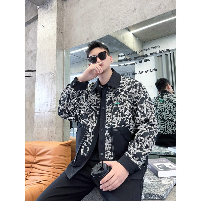 春秋男潮牌拼接翻领长袖夹克