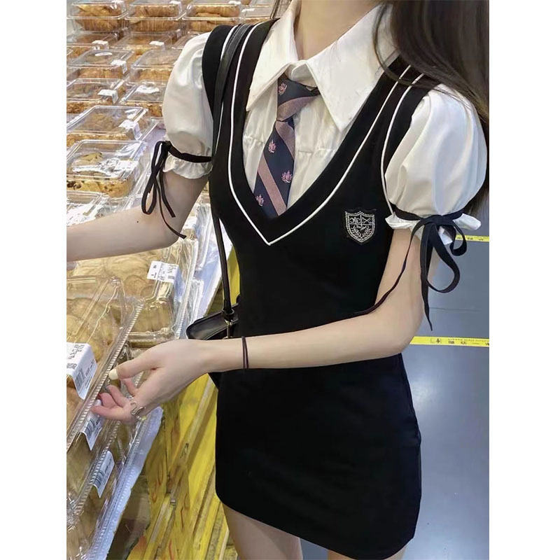 学院风JK制服泡泡袖假两件连衣裙