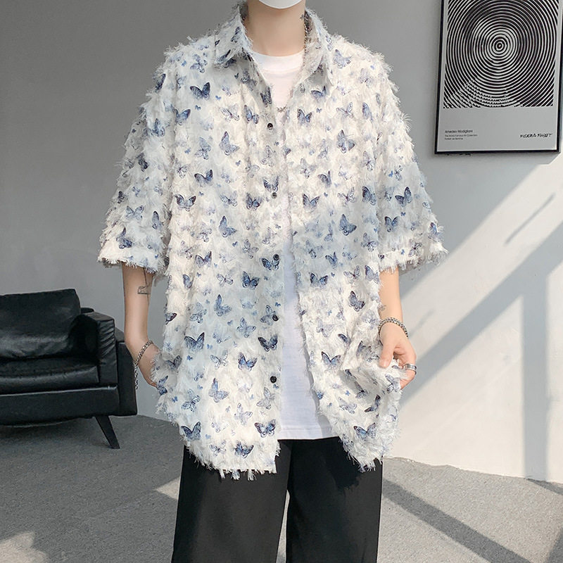 2026夏季男蝴蝶短袖流苏衬衫