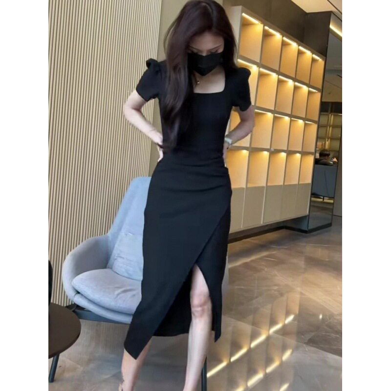 法式方领黑色连衣裙女欧货