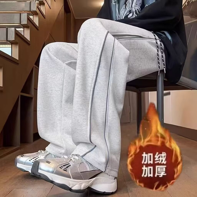 美式撞色加绒直筒宽松男士运动裤