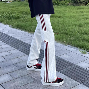 美式花灰色三条杠卫裤男款春秋高个子加长裤子显瘦条纹休闲运动裤