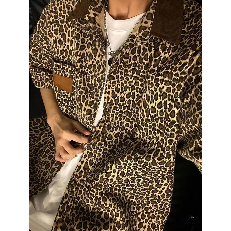 美式复古豹纹Polo领宽松短袖衬衫