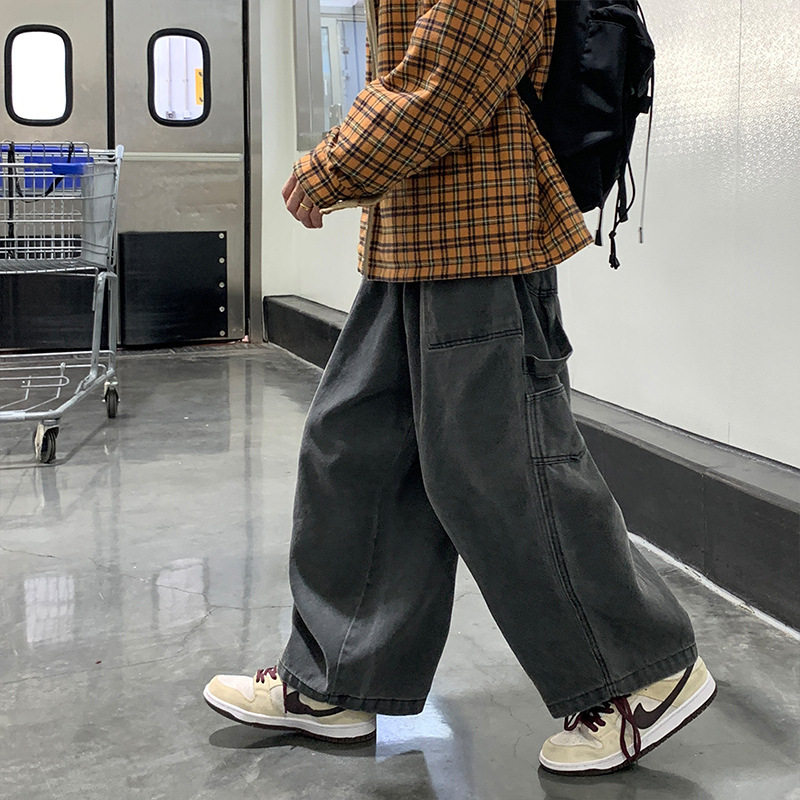 日系复古工装宽松直筒牛仔裤男