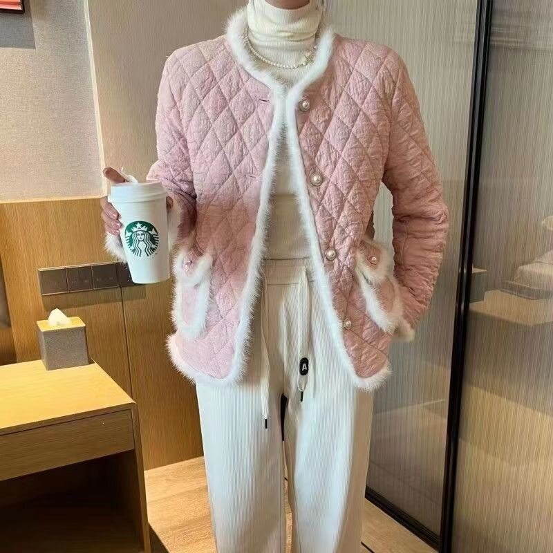 小香风加厚菱格毛绒拼接开衫