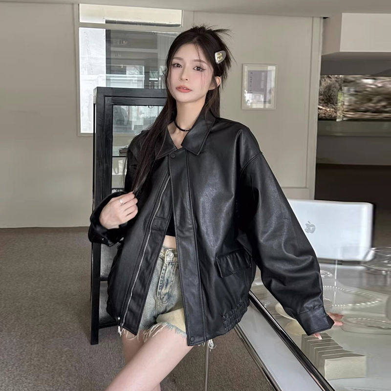 机车短款皮衣女小个子春秋黑色