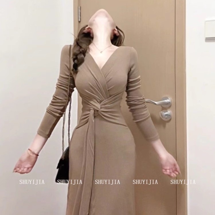 法式V领扭结气质显瘦打底包臀裙绑带长袖不规则收腰温柔系连衣裙