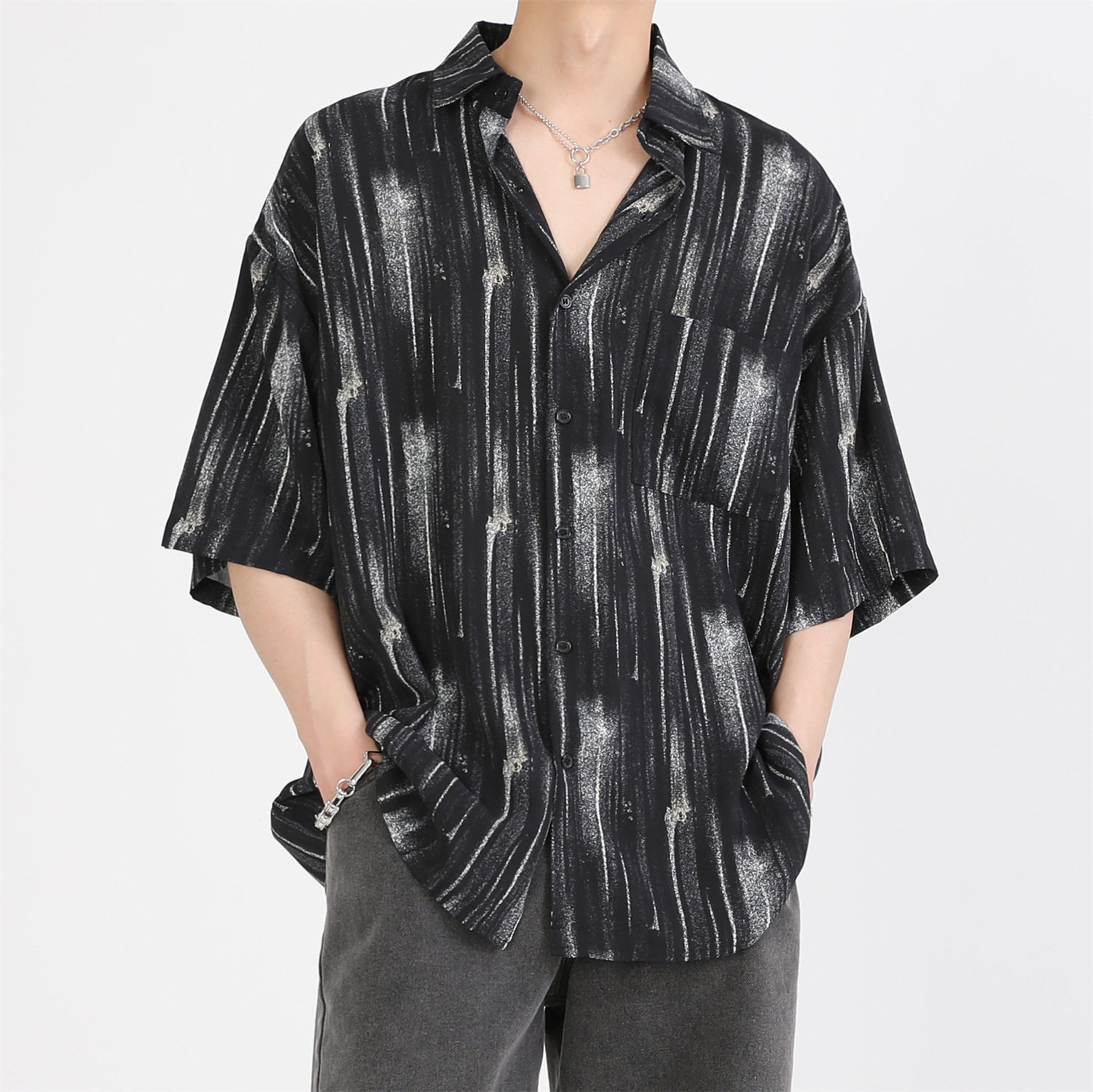 夏季条纹宽松男短袖衬衫沙滩