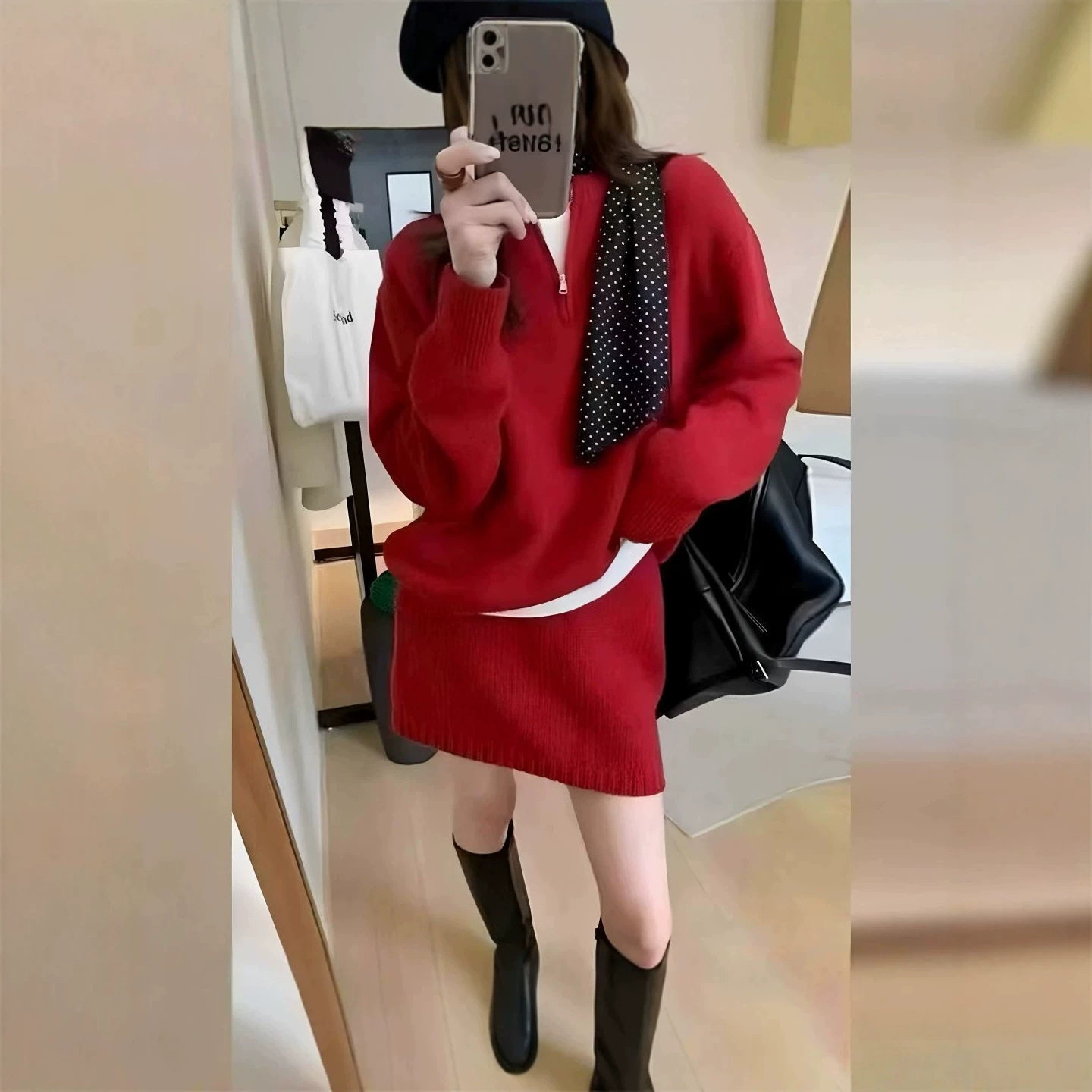 韩系灰色套头针织毛衣宽松慵懒风高腰短裙两件套装秋冬穿搭新款女