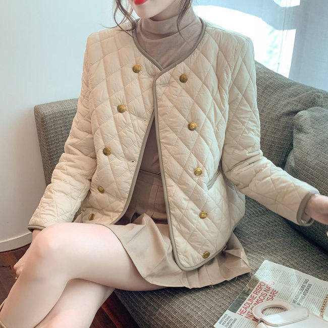 米白色菱格棉服女士秋冬季