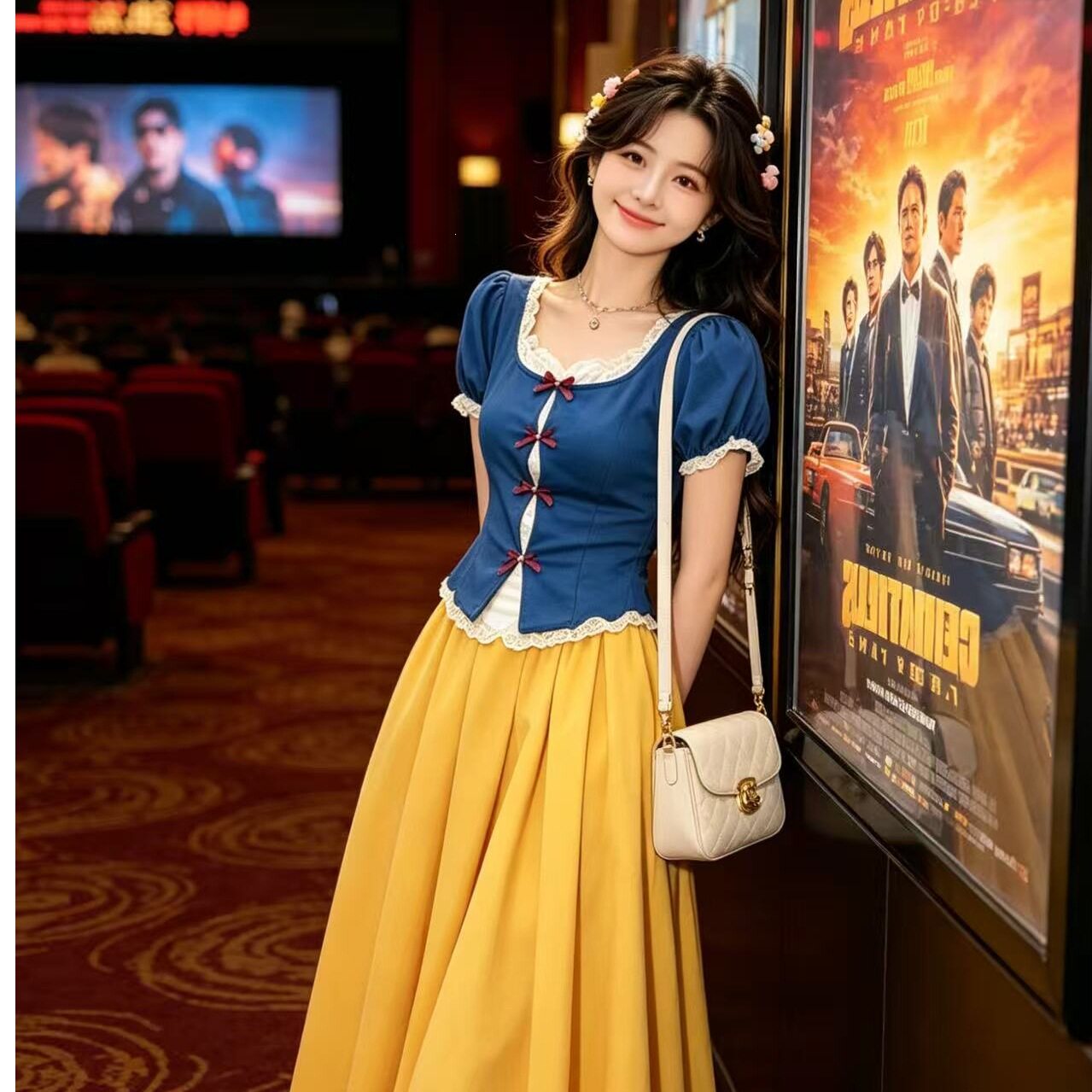 蓝色蕾丝拼接上衣甜美套装两件套半身裙夏季新款2026白雪公主裙子