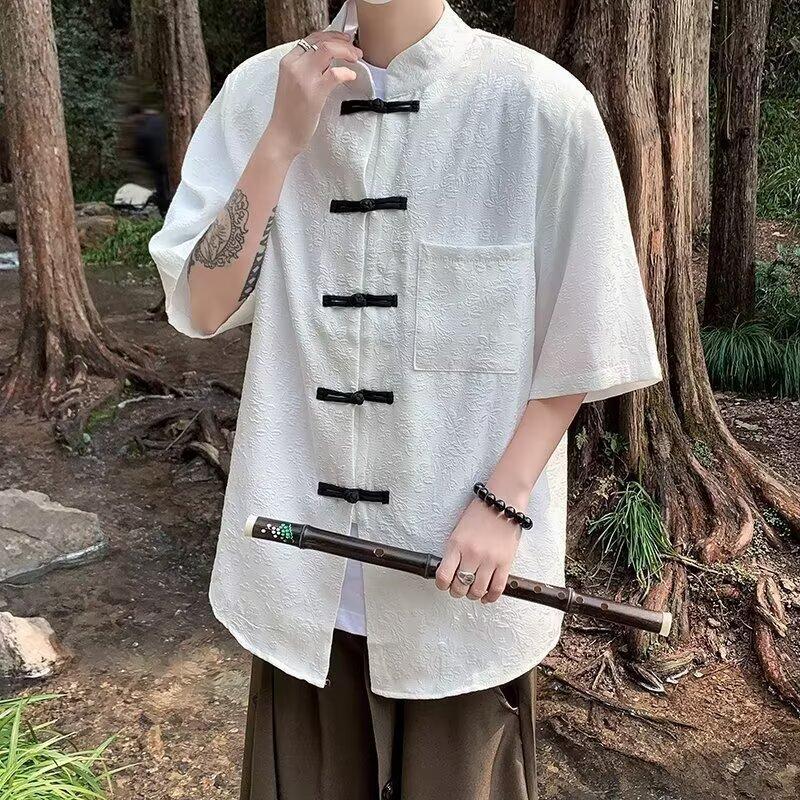 夏季新中式提花盘扣短袖宽松衬衫