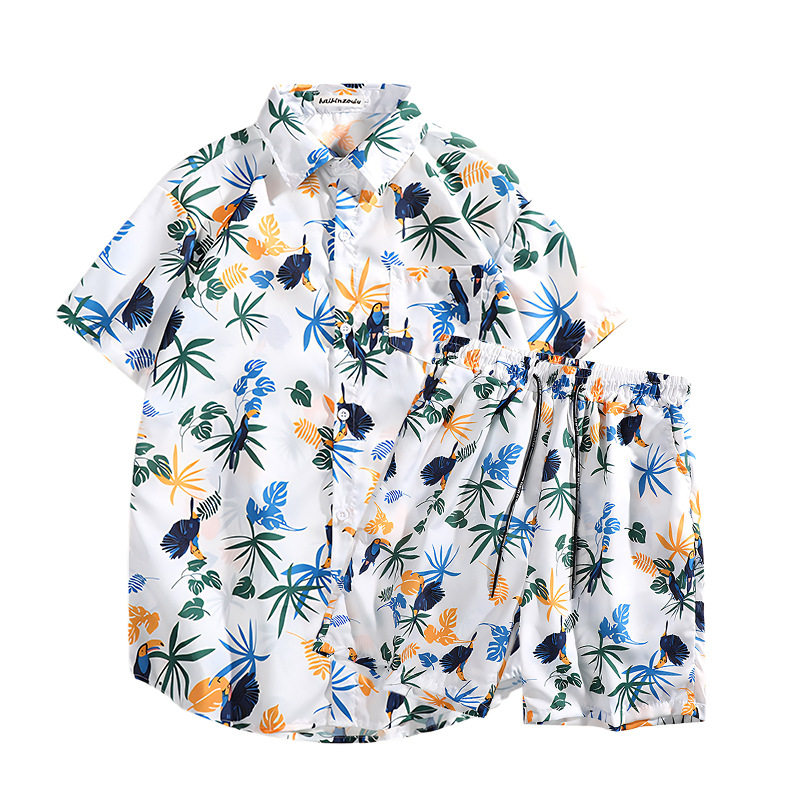 夏威夷风衬衫男ins夏季宽松短袖短裤套装潮帅气沙滩碎花情侣衣服