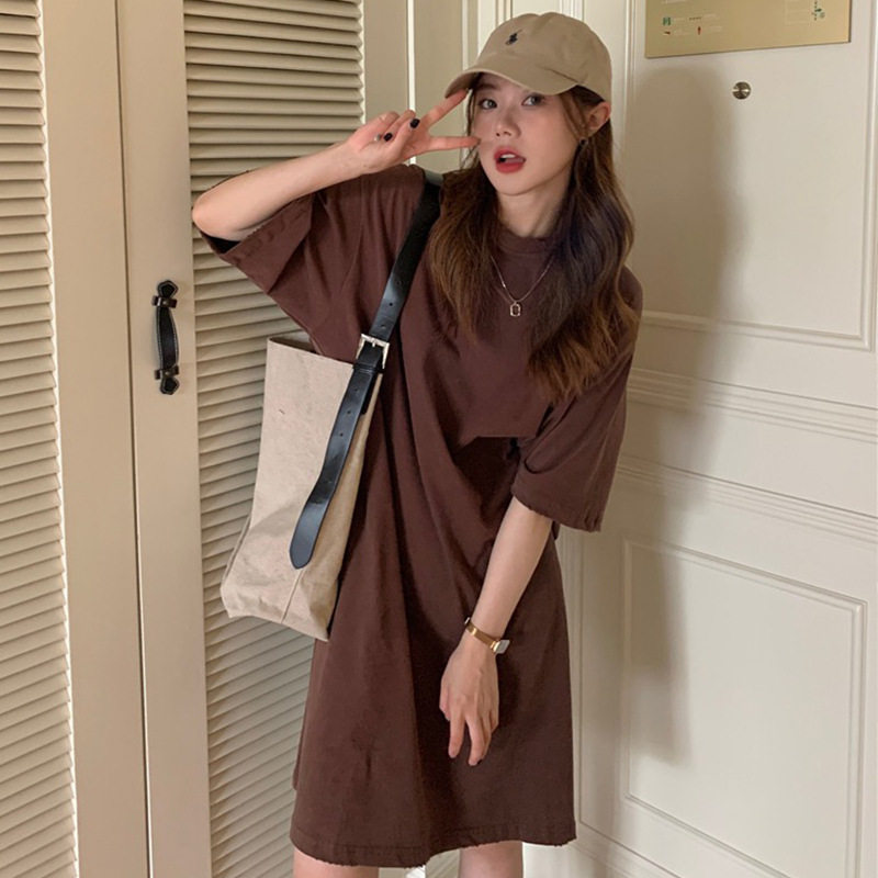 黑白新款美式宽松T恤裙中长款