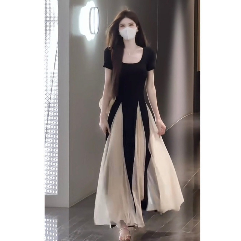 拼接网纱短袖连衣裙女夏季大码