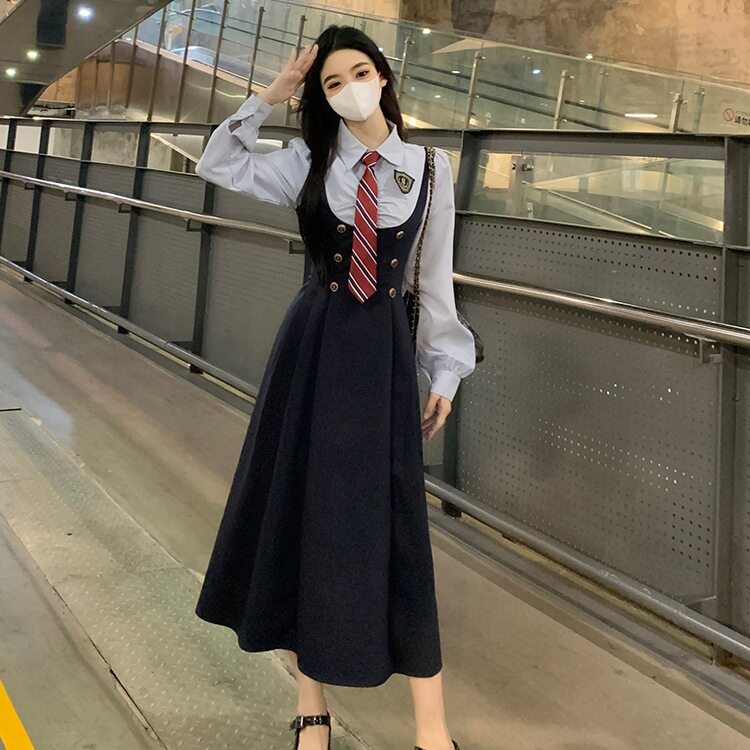 大码学院风高腰显瘦假两件连衣裙