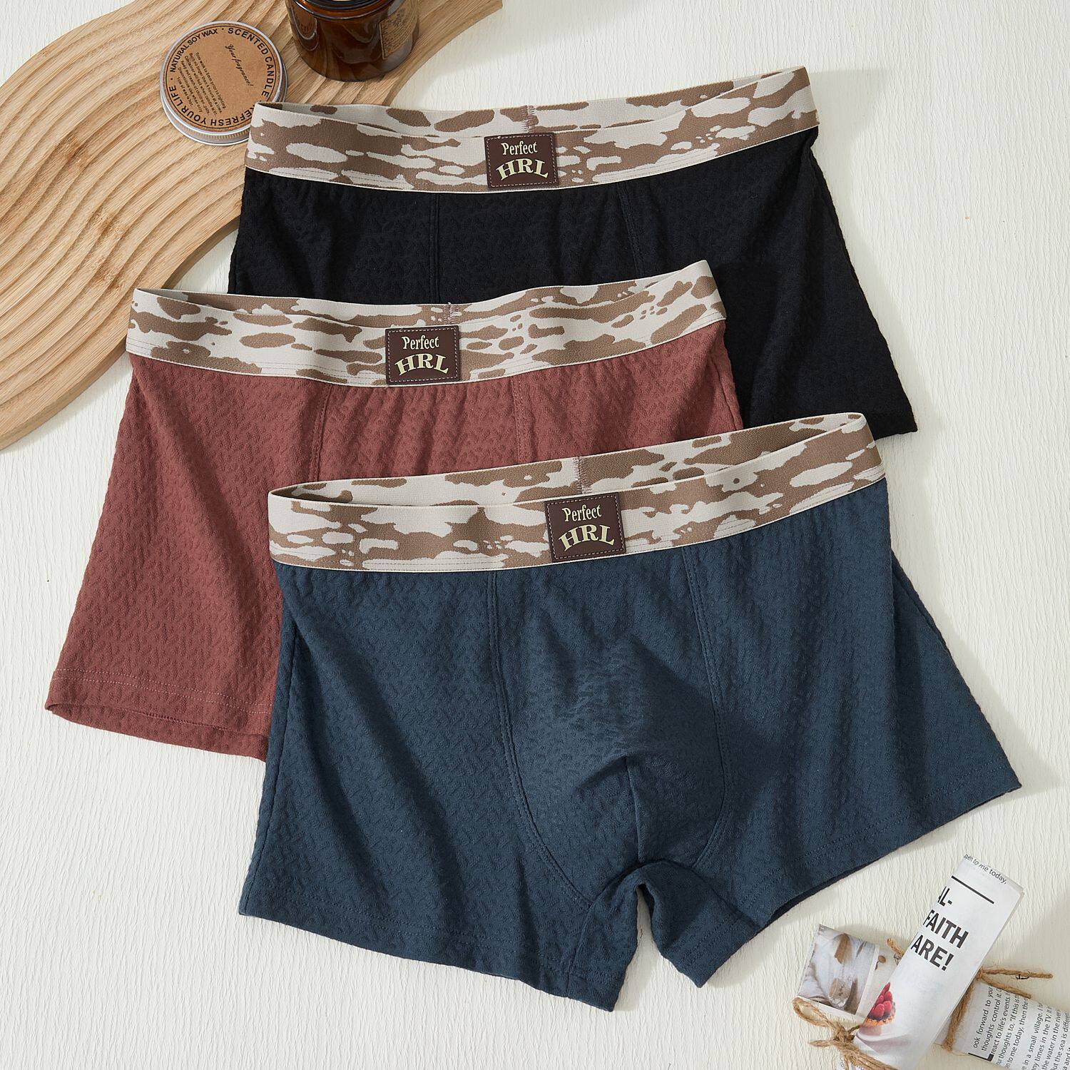 男士内裤棉质个性迷彩腰带平角透气时尚青年纯色轻奢中腰男生裤衩