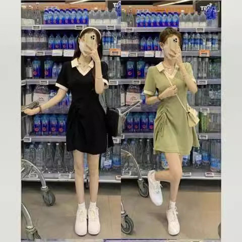 绿色polo领抽绳连衣裙夏季女