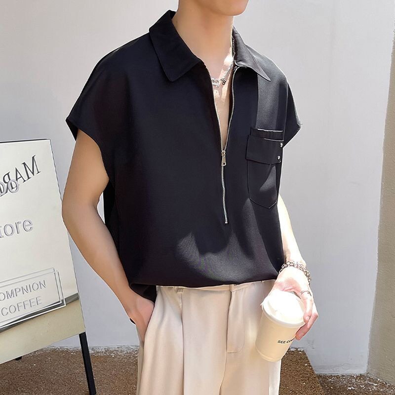 夏季男士半拉链背心衬衫冰丝