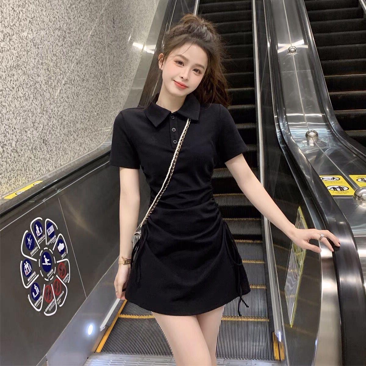 黑色polo连衣裙女夏季大码胖mm