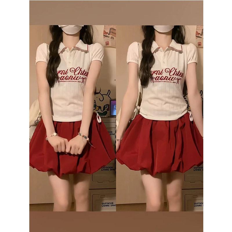 红色蓬蓬花苞裙裤女夏季