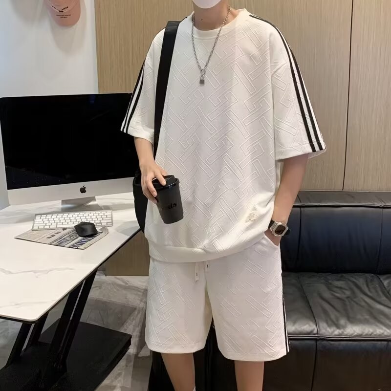 夏季港风复古男短袖短裤运动套装