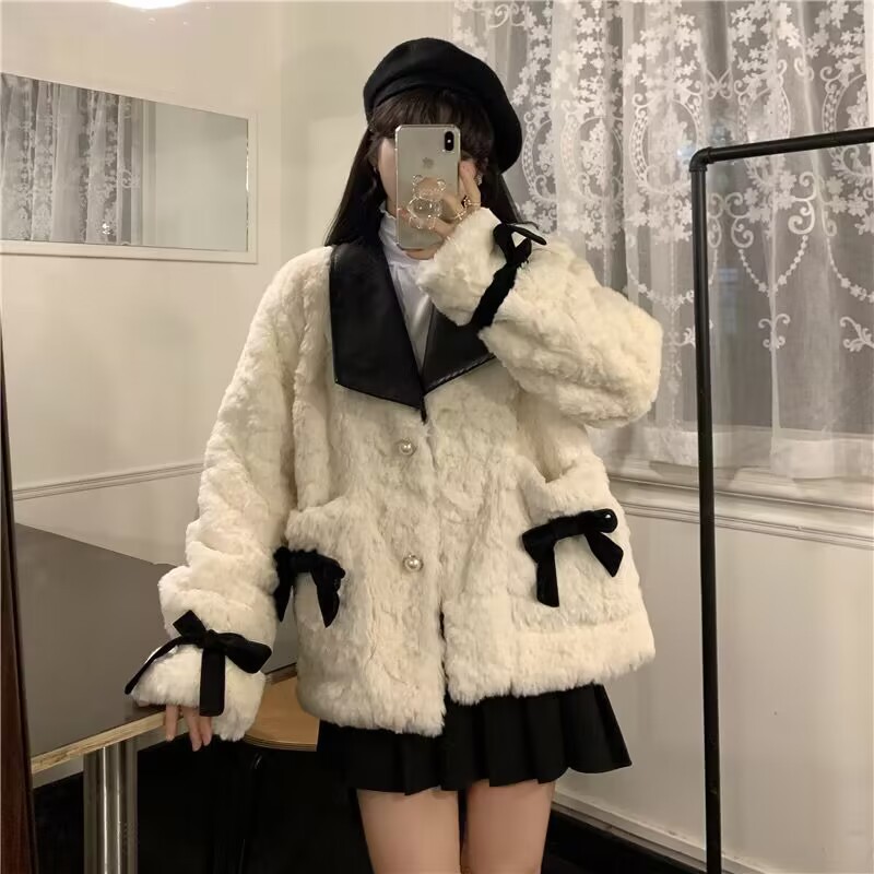 2026新款加厚白色蝴蝶结毛毛外套