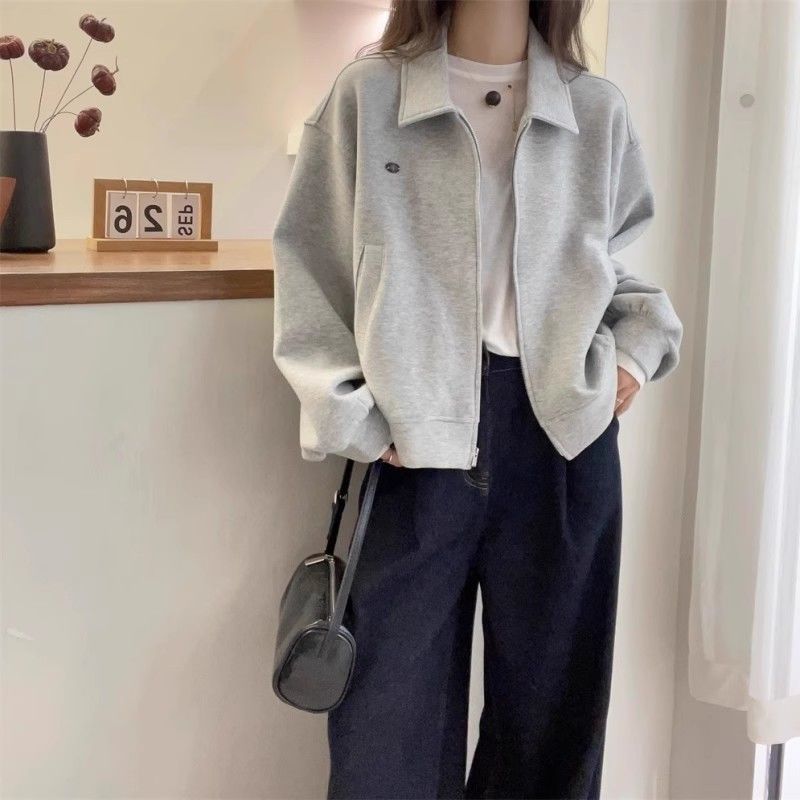 高级感POLO领灰色卫衣外套女大码