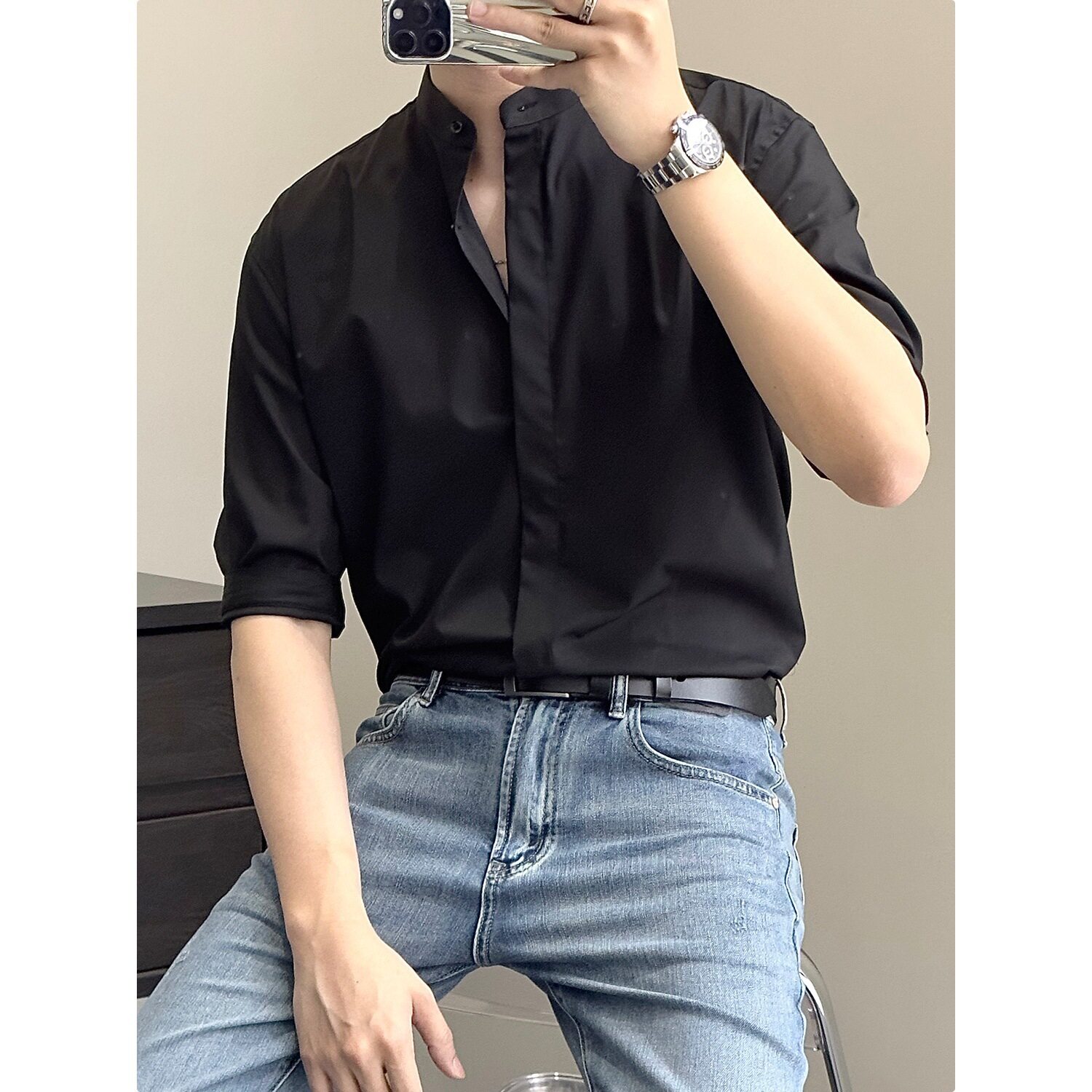 夏季新中式免烫冰丝男士衬衫