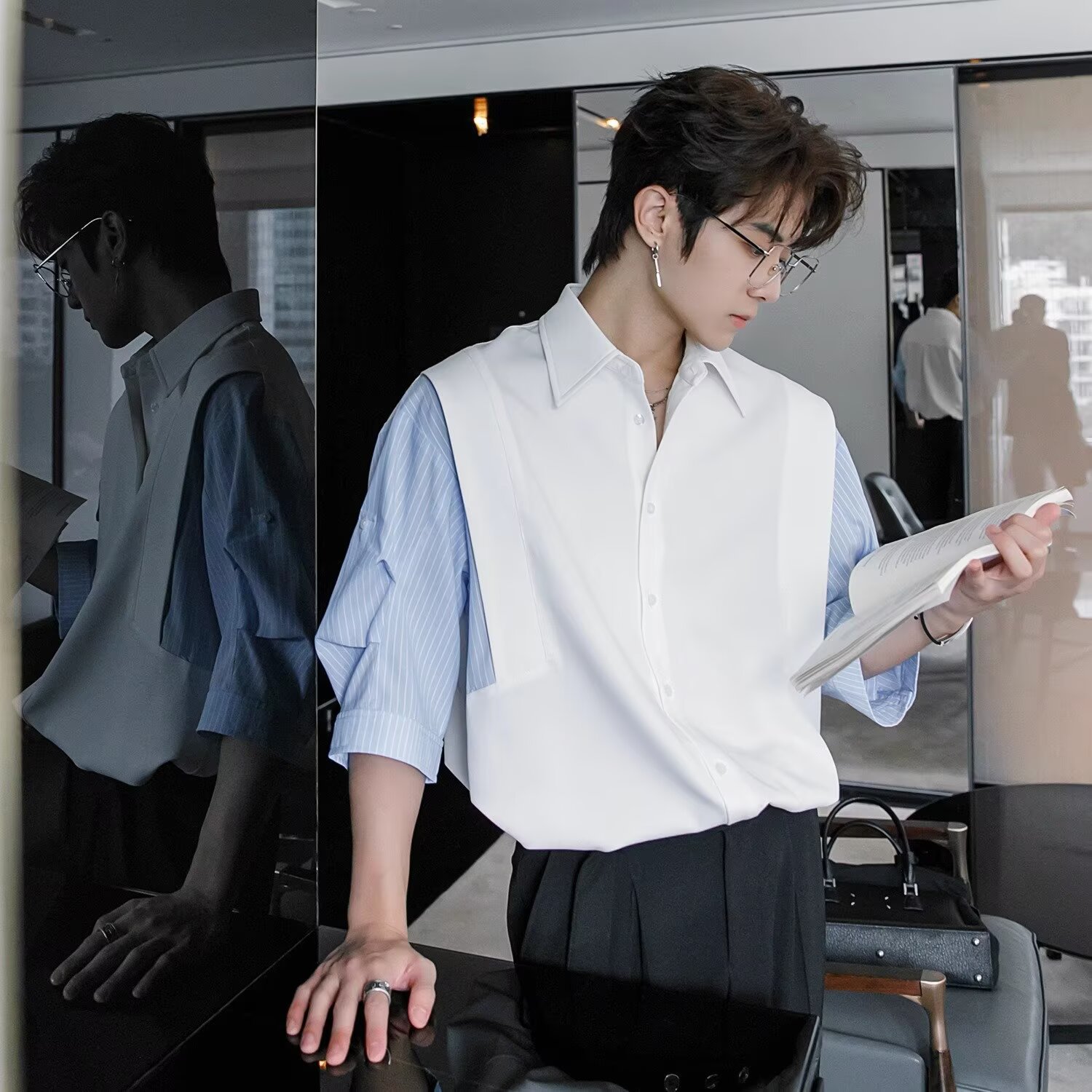 夏季男冰丝宽松条纹短袖衬衫