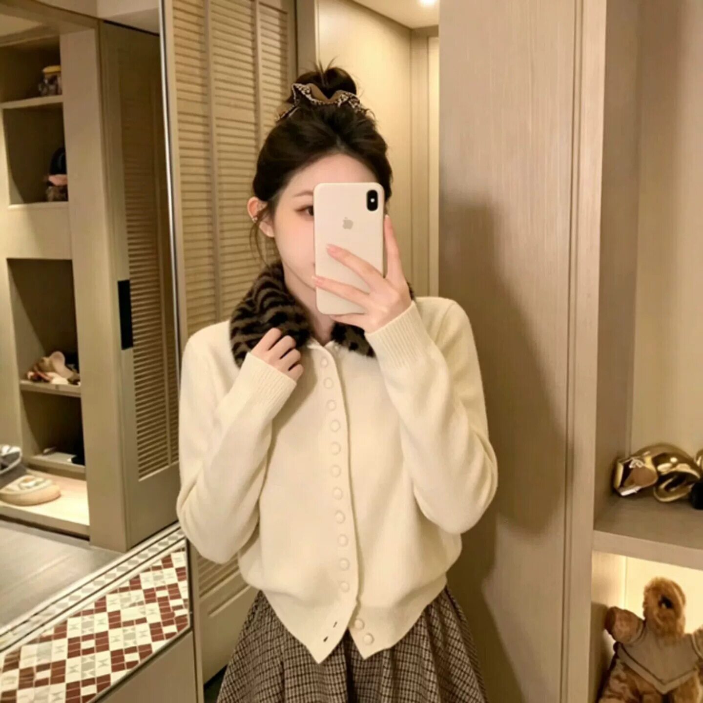 豹纹小香风翻领短款针织开衫女