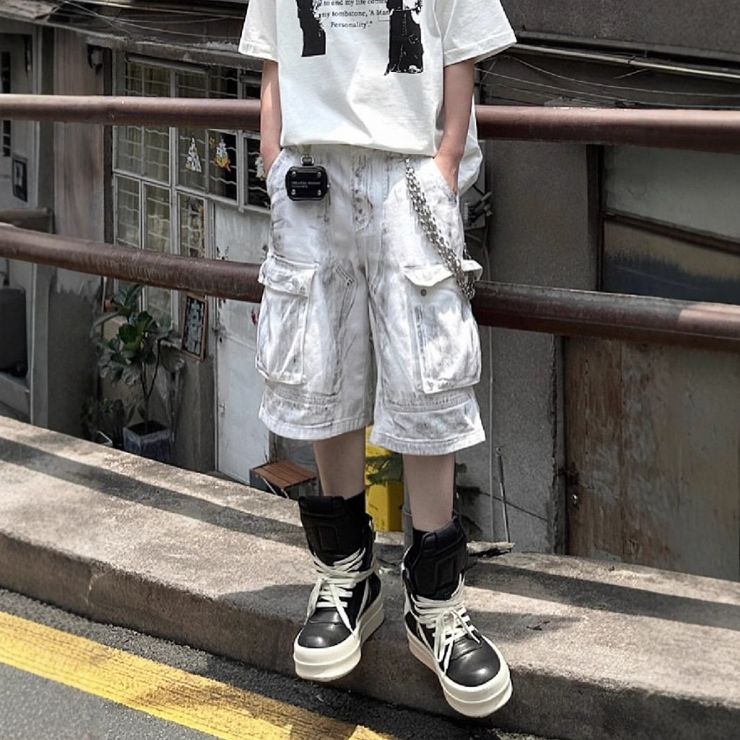 美式工装多袋宽松牛仔五分裤男