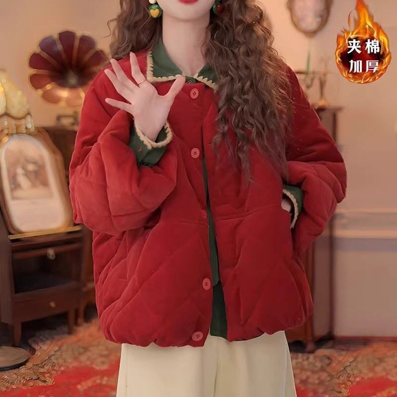 韩系加厚夹棉保暖红色女棉服