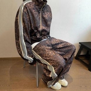 2026新款美式复古豹纹运动套装外套潮牌男数码印花条纹夹克运动裤