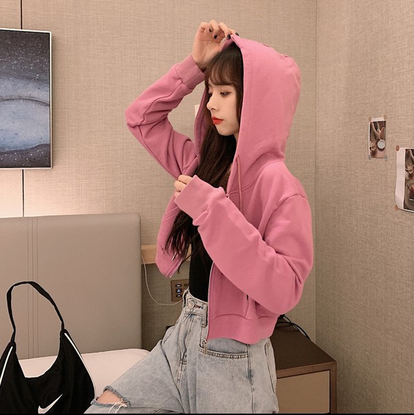 韩版连帽拉链短款卫衣女纯色薄款