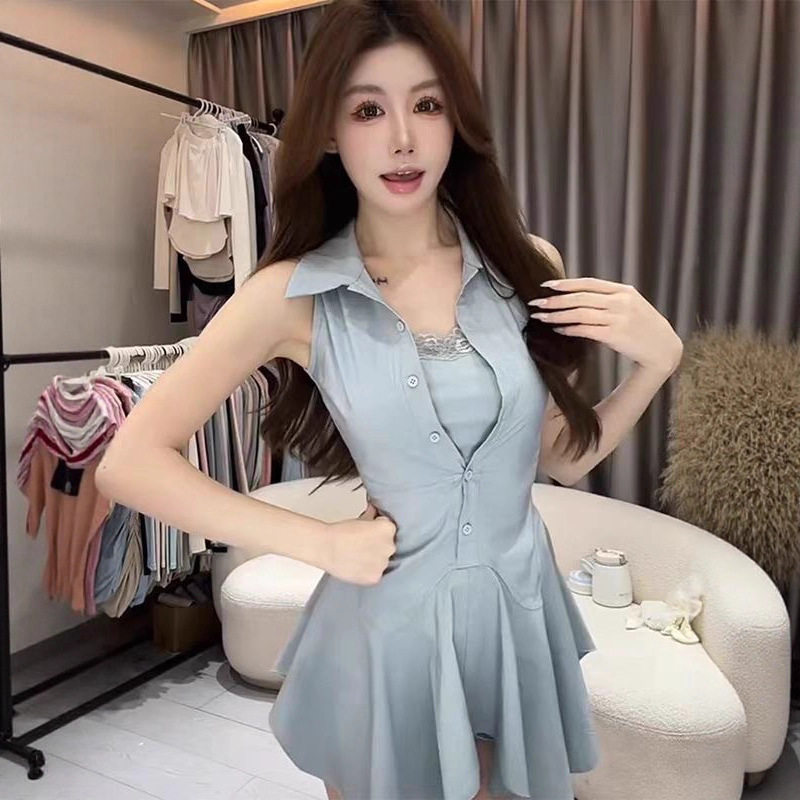 夏季纯欲无袖蕾丝收腰连衣裙套装