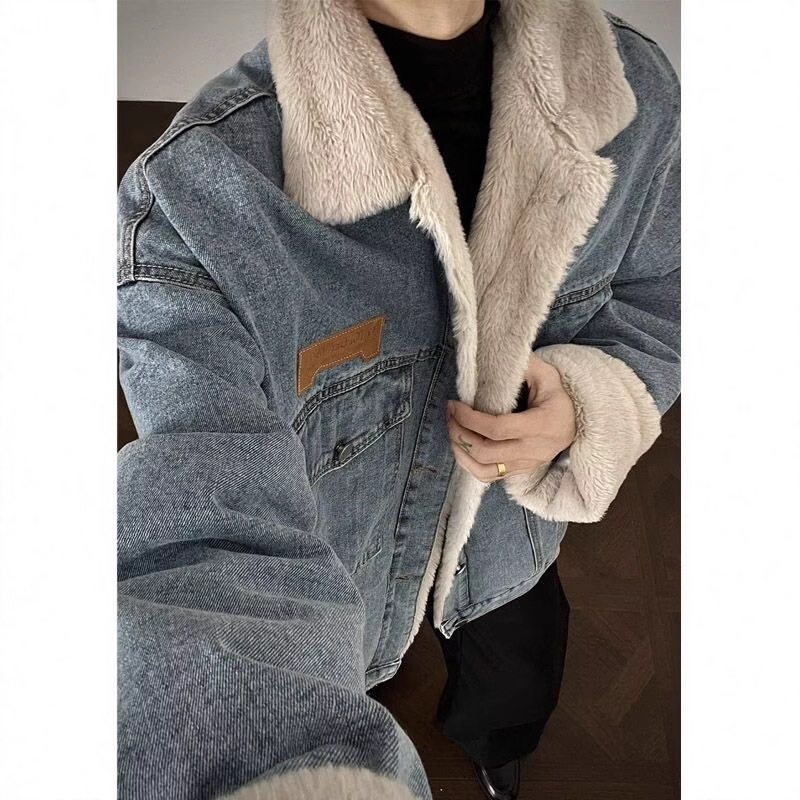 冬季加绒加厚港风牛仔棉服男士