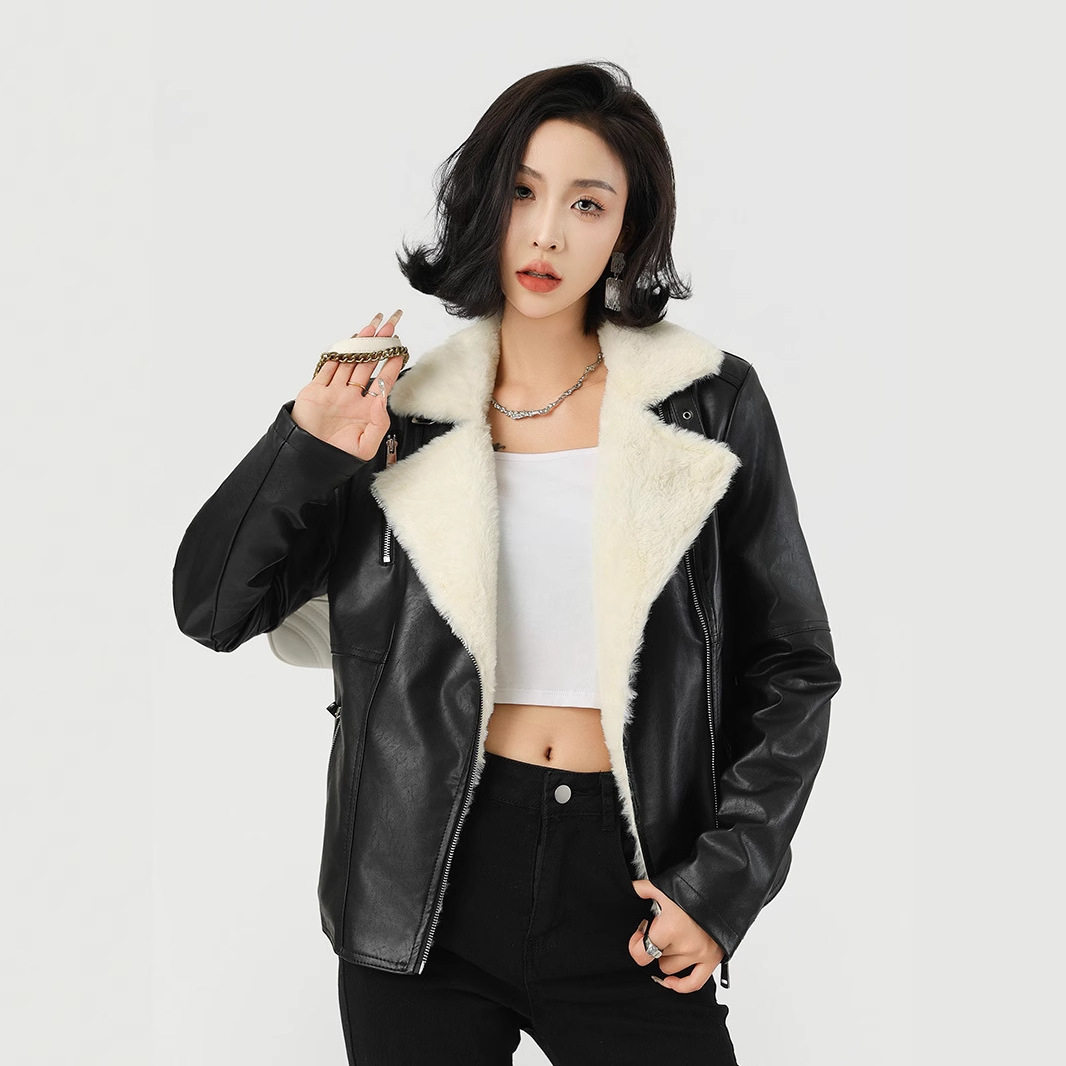 冬季加绒短款机车皮衣女显瘦