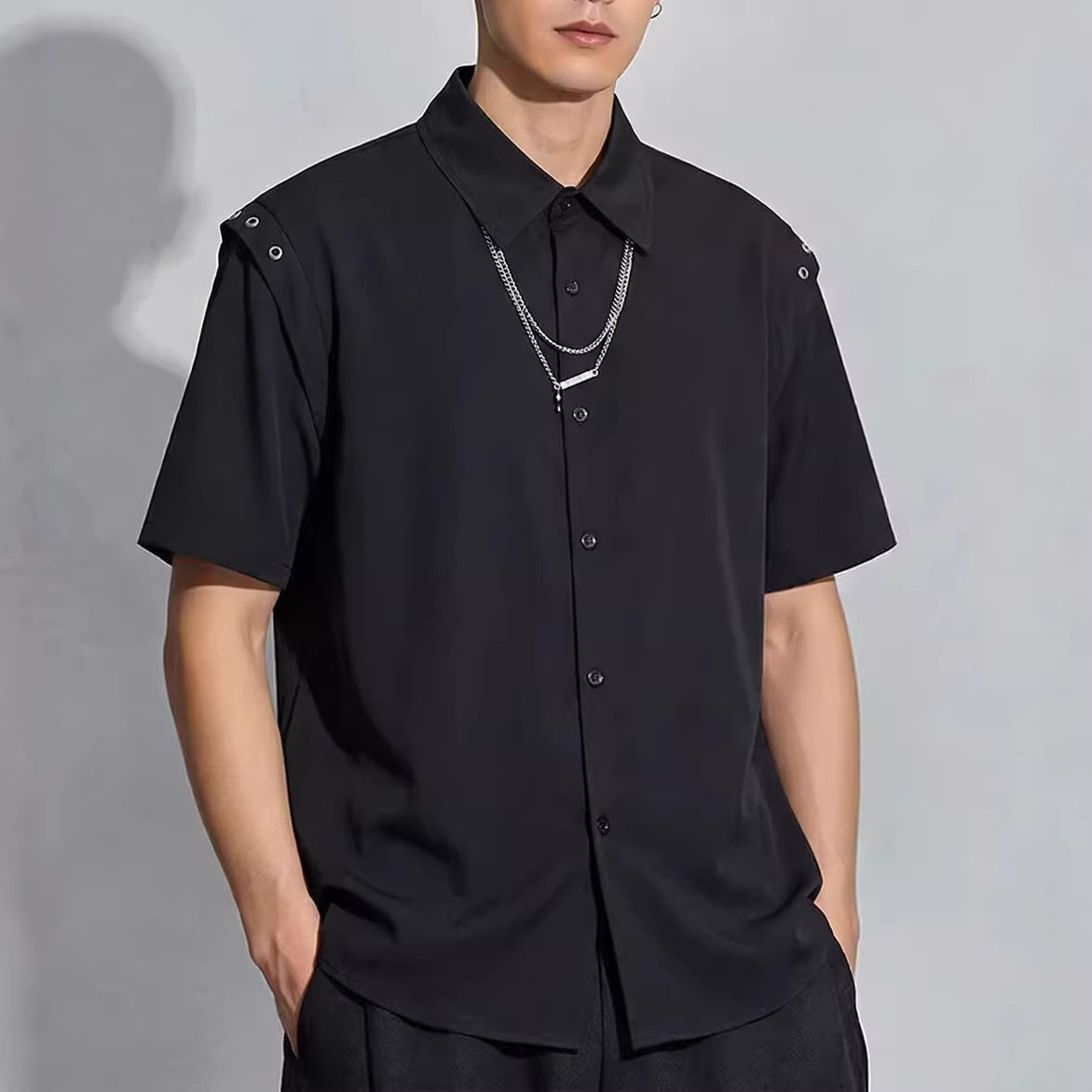 衬衫男夏季宽松薄款短袖白色五分袖衬衣男士痞帅潮流黑色半袖上衣